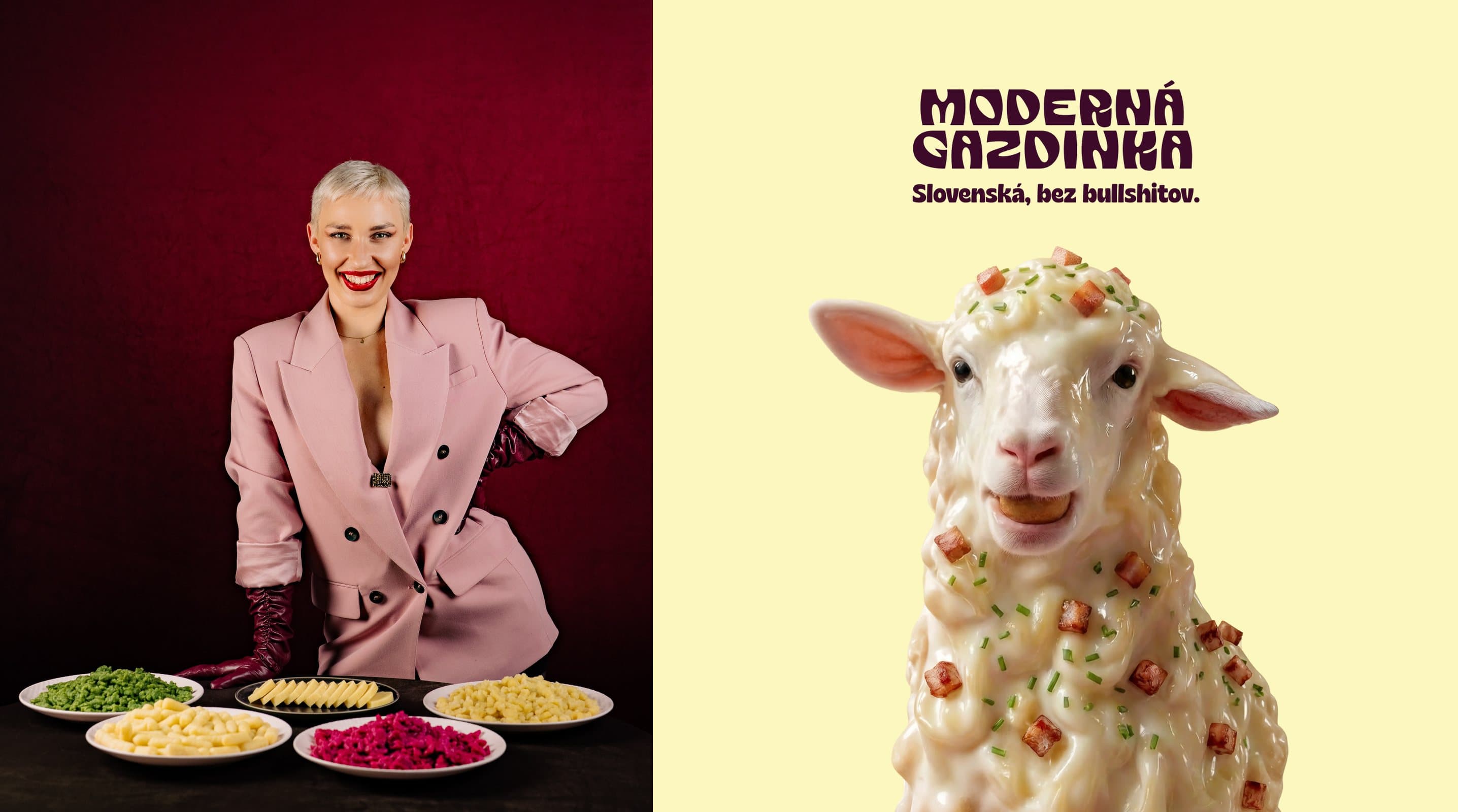 Left, Sofia Vrabčeková behind plates of halušky, šúľance and knedľa; right, the bryndza sheep under the Moderná Gazdinka logo and the claim Slovenská, bez bullshitov