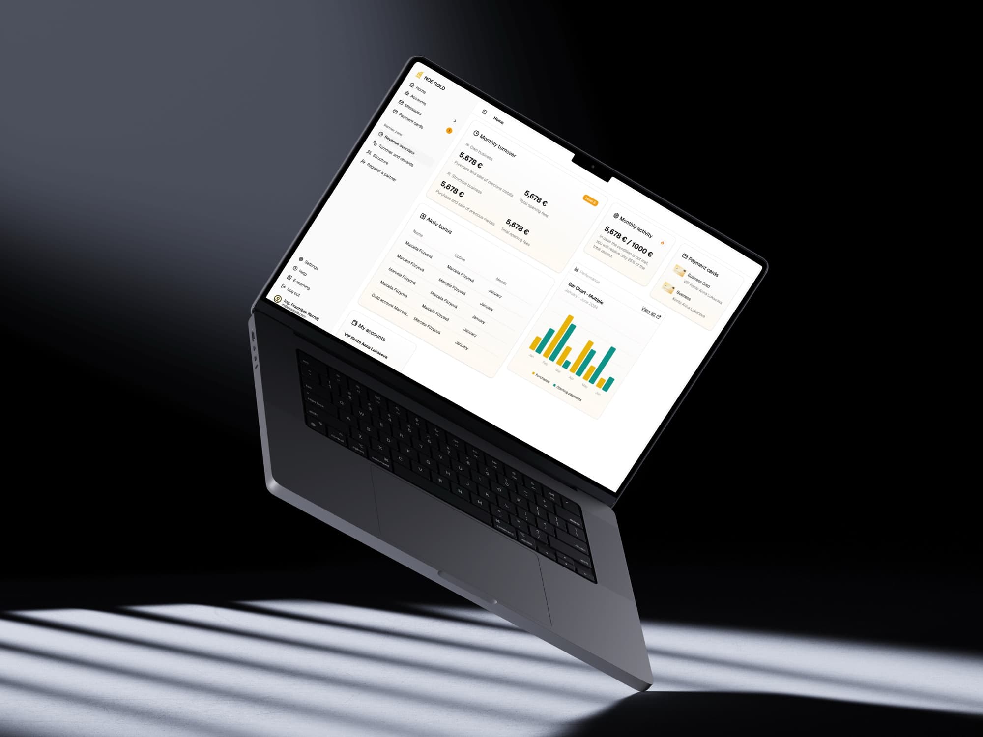 The redesigned Noe Gold partner platform on a MacBook: revenue overview, bonuses and payment cards