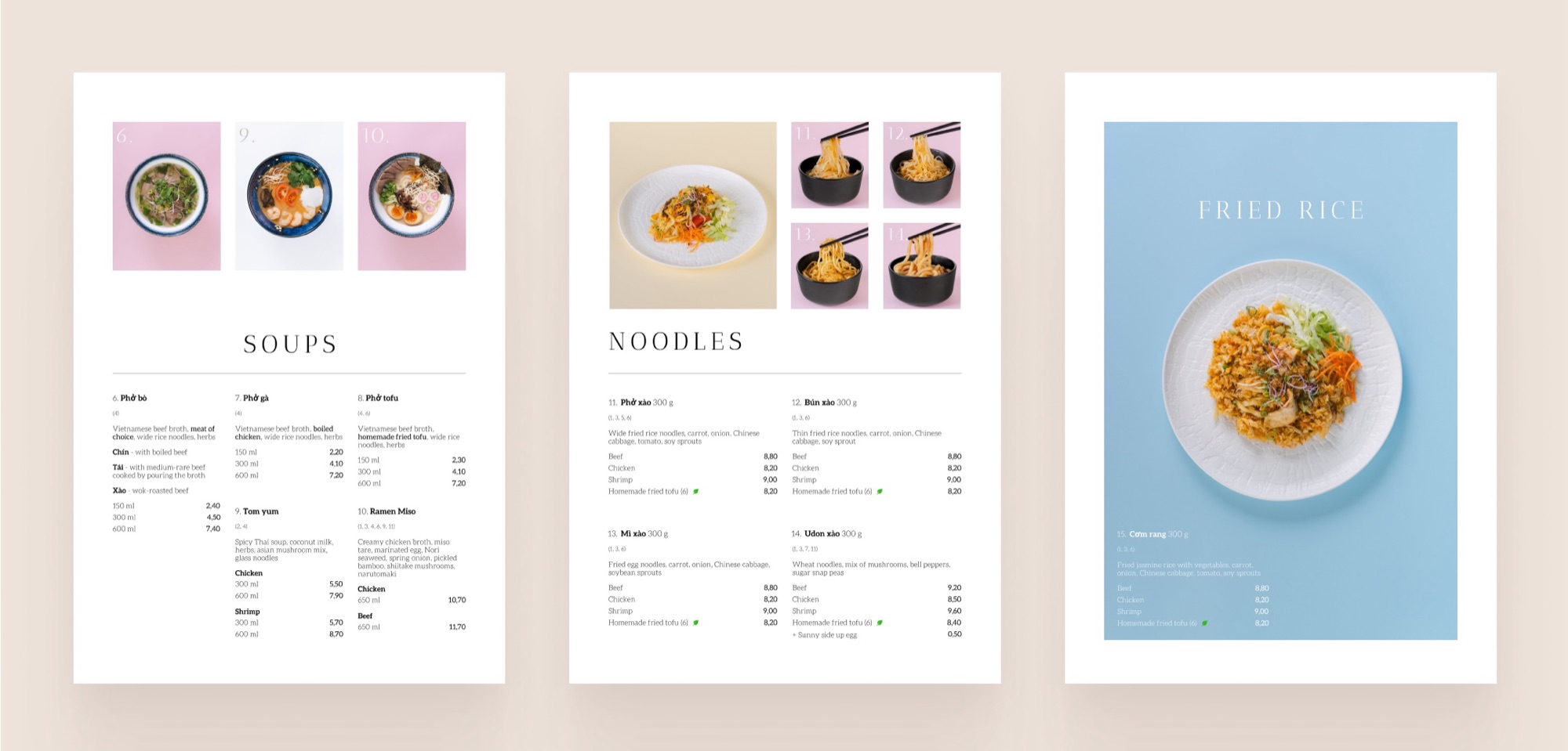 Menu spreads: soups, noodles and fried rice pages