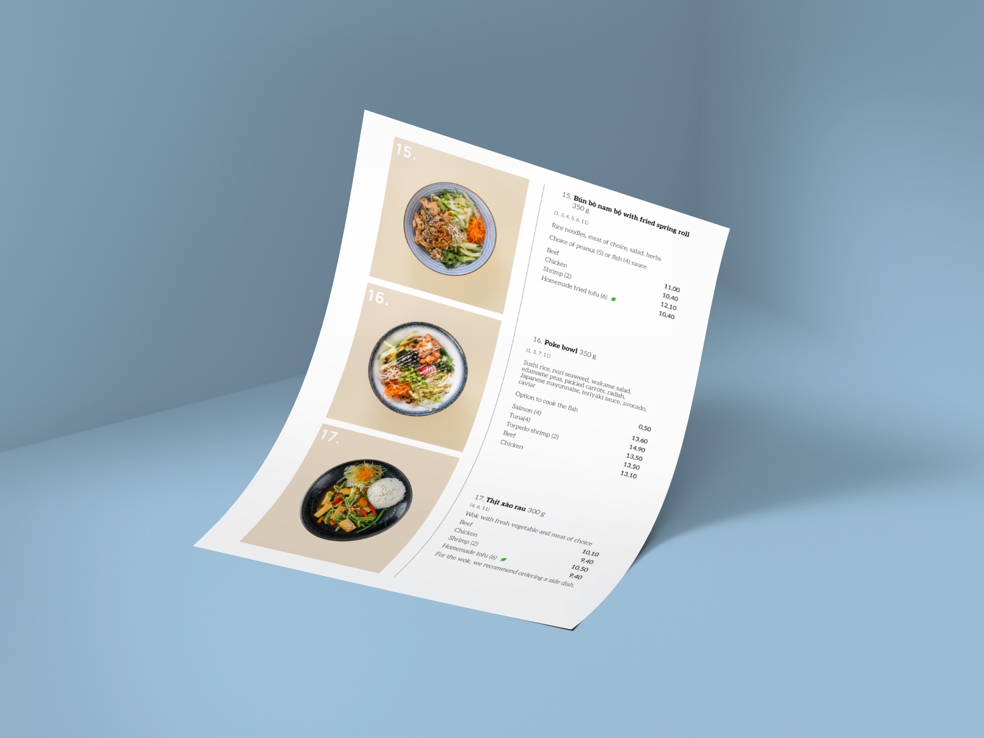 A la carte menu page mockup