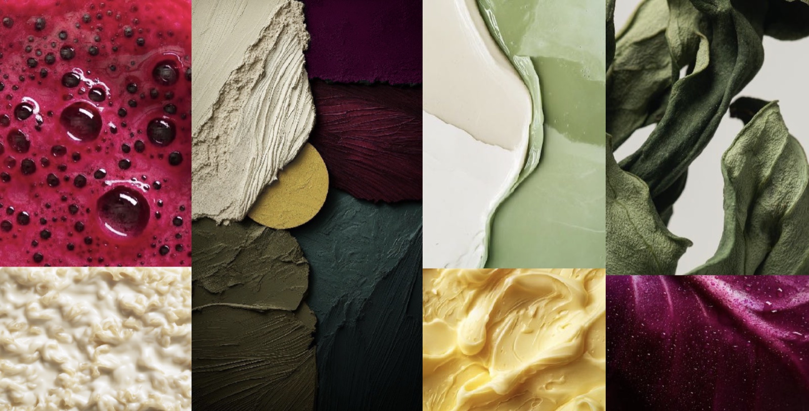 Material study: beetroot juice, clay textures, cream, dried herbs and butter