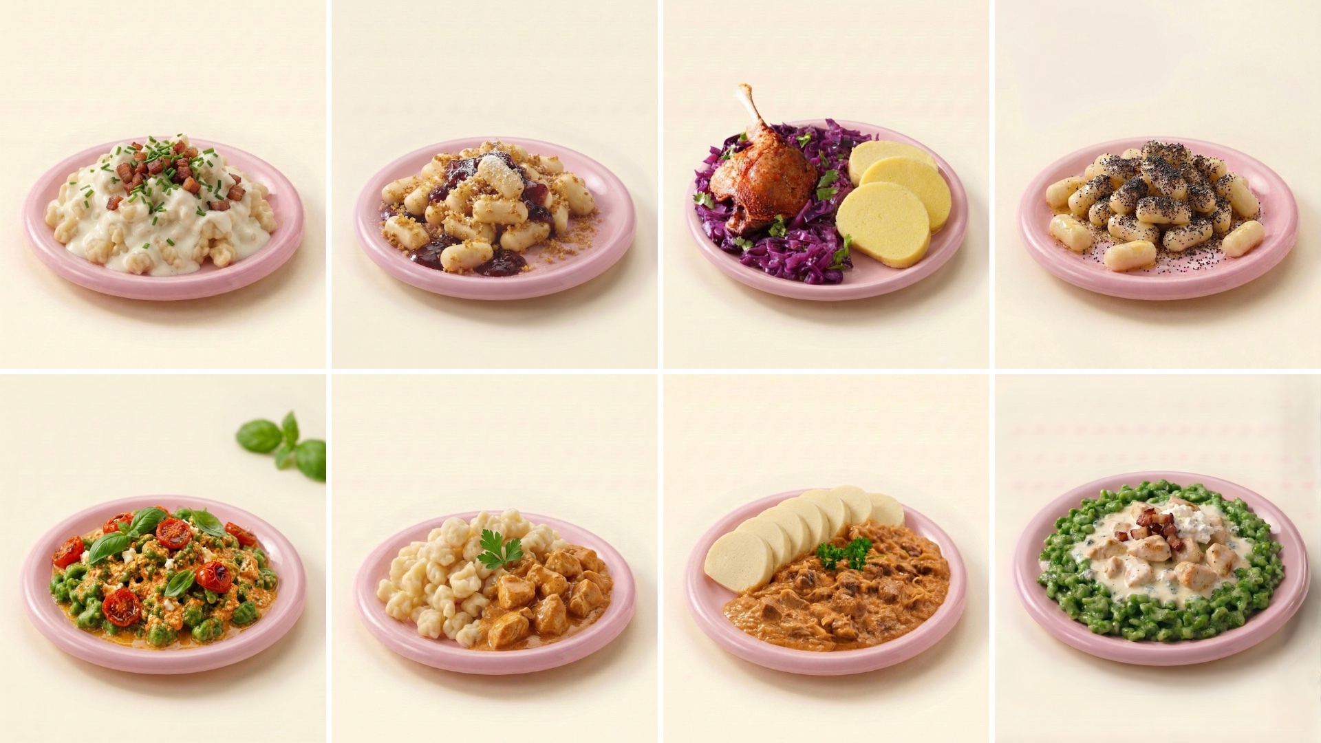 Eight recipe photographs on the brand's pink plates, cream ground: halušky with bacon, šúľance with poppy seed and jam, duck with red cabbage and knedľa, gnocchi with poppy seed, spinach halušky with tomato and basil, halušky with chicken, goulash with knedľa, and spinach halušky with chicken and bacon
