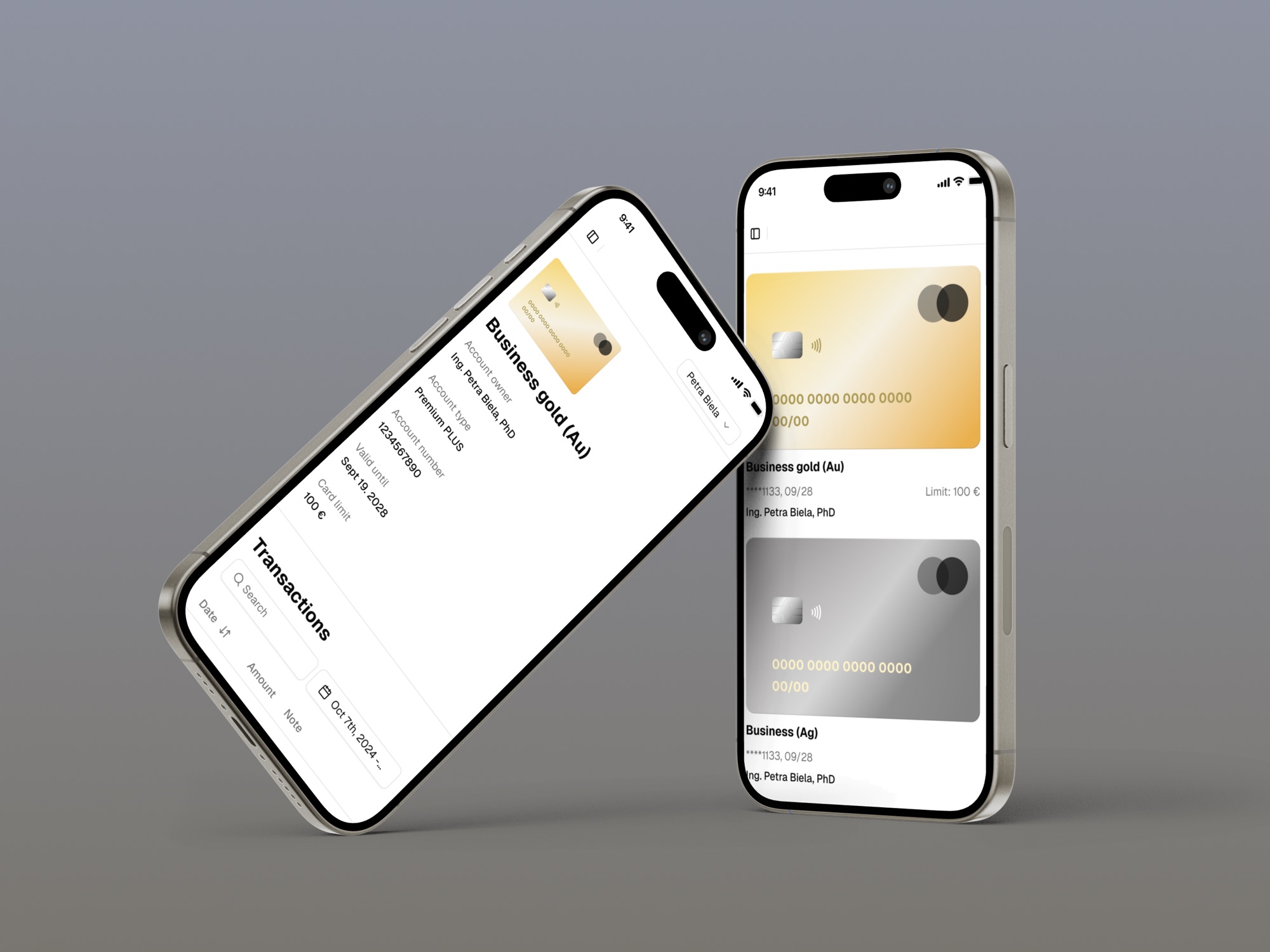 Payment cards in the Noe Gold app: Business gold and Business silver editions