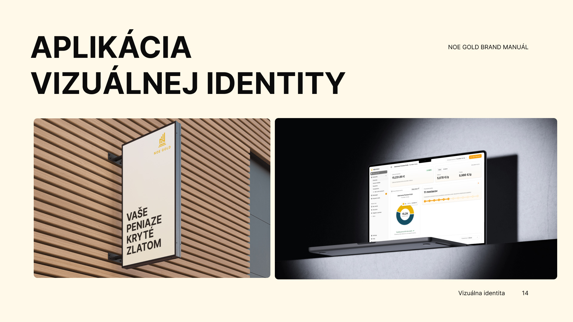 A spread from the Noe Gold brand manual: signage and the platform carrying the same identity