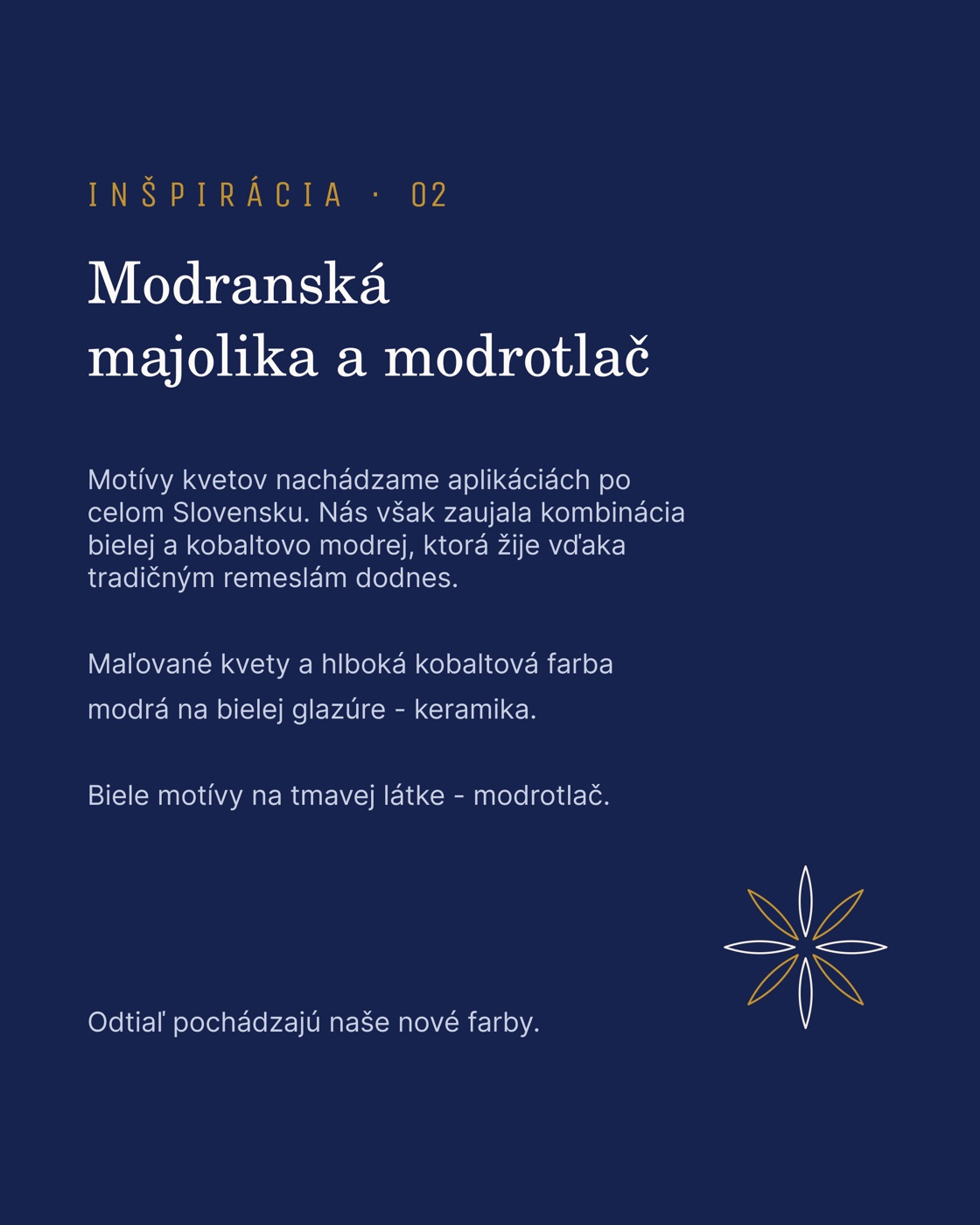 Carousel slide, Inšpirácia 02: Modranská majolika a modrotlač, the source of the white and cobalt blue palette